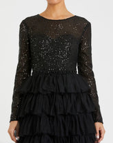 Black Long Sleeve Ruffle Tiered Midi Dress